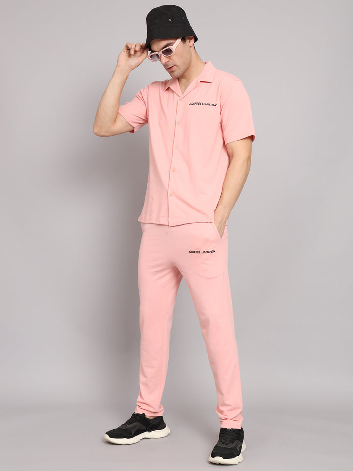Griffel Men's Pre Winter Front Logo Solid Cotton Basic Pink Bowling Shirt and Joggers Full Co-Ord Set - griffel