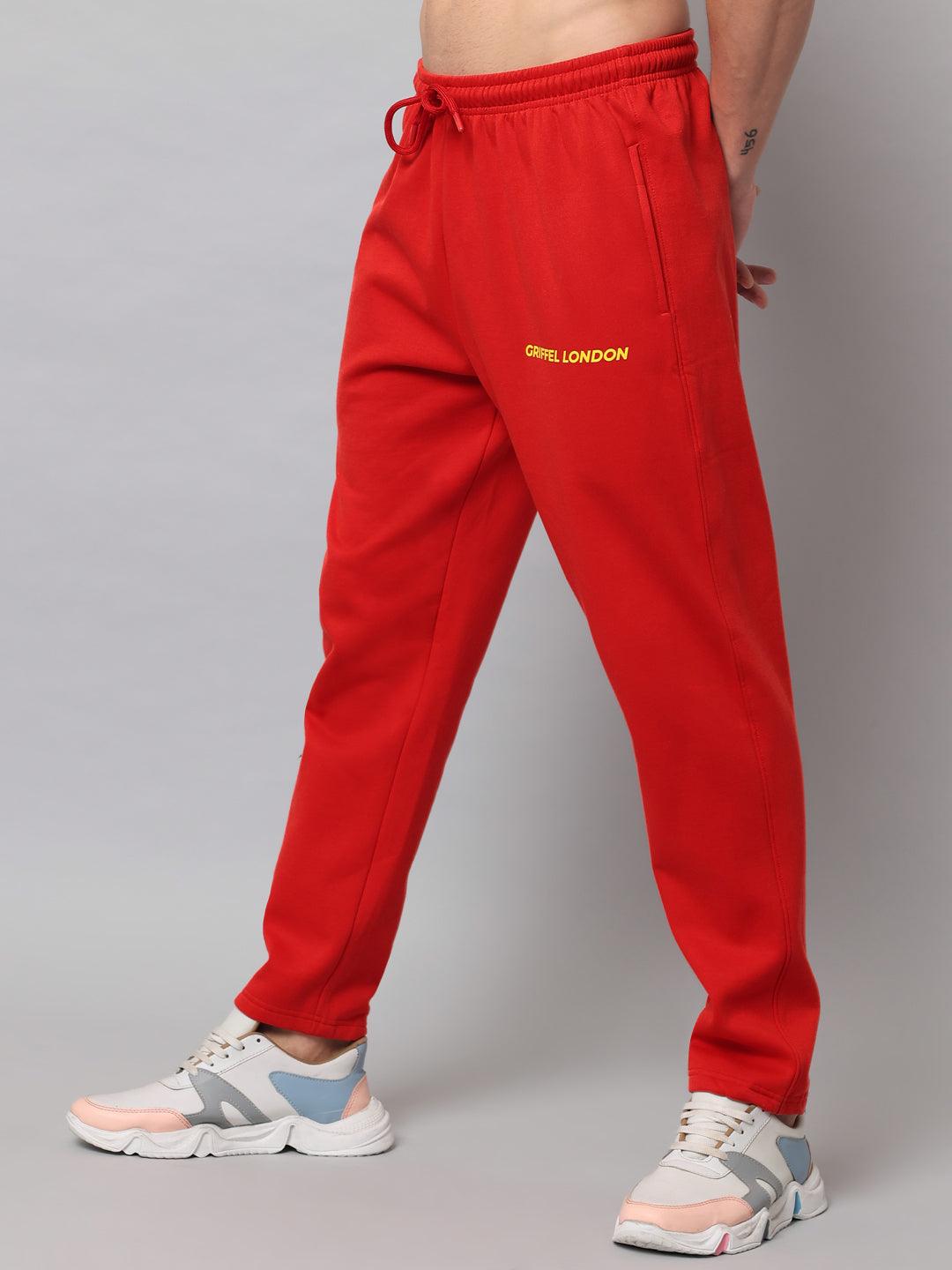 GRIFFEL Men Fleece Basic Solid Front Logo Red Trackpants - griffel
