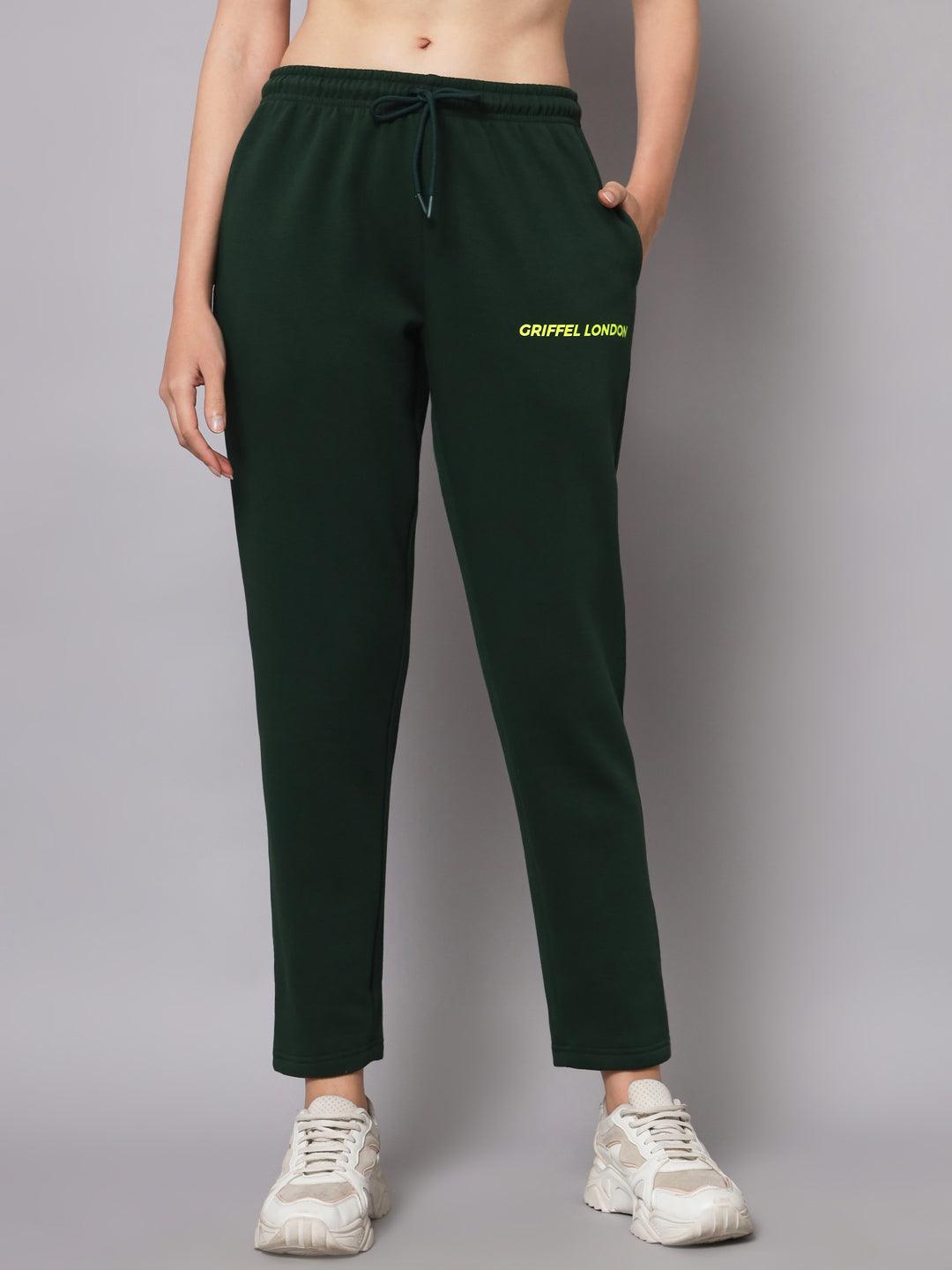 Griffel Women’s Front Logo Basic Solid Bottle Green Trackpant - griffel