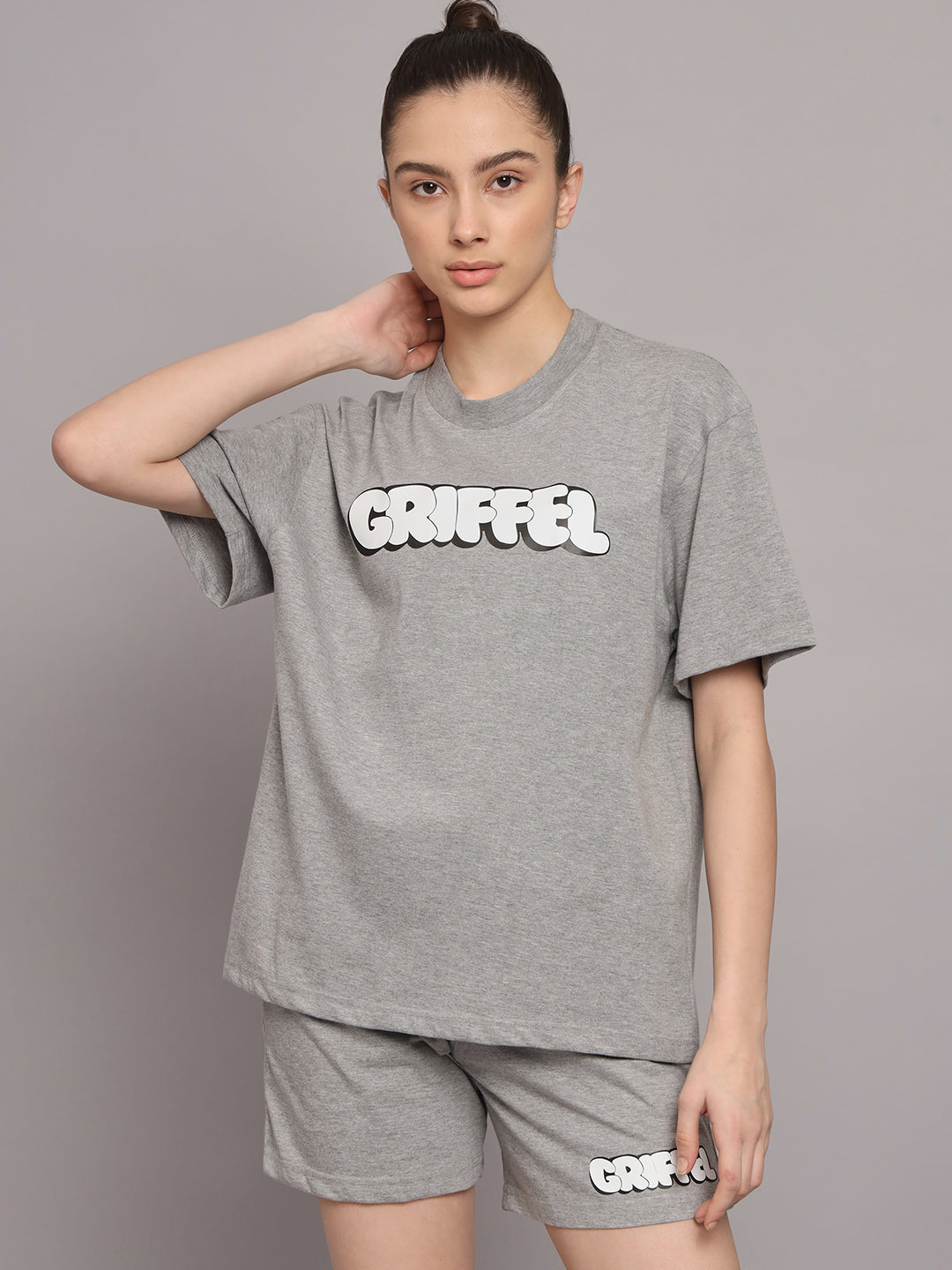 GRIFFEL Women Printed Oversized Loose fit Grey T-shirt and Short Set - griffel