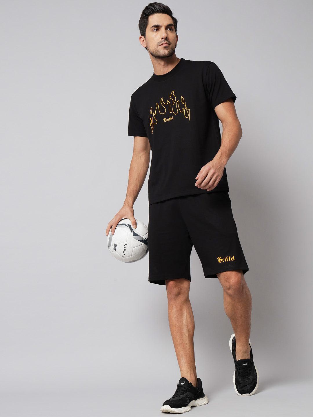 GRIFFEL Men Fire Print Black Regular fit T-shirt and Short Set - griffel