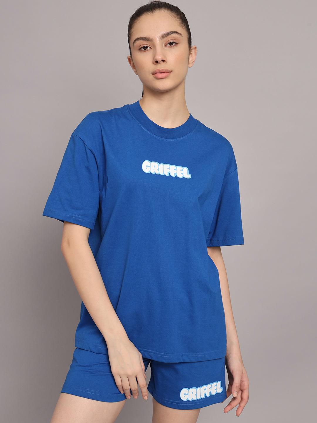 GRIFFEL Women Printed Loose fit Royal T-shirt and Short Set - griffel