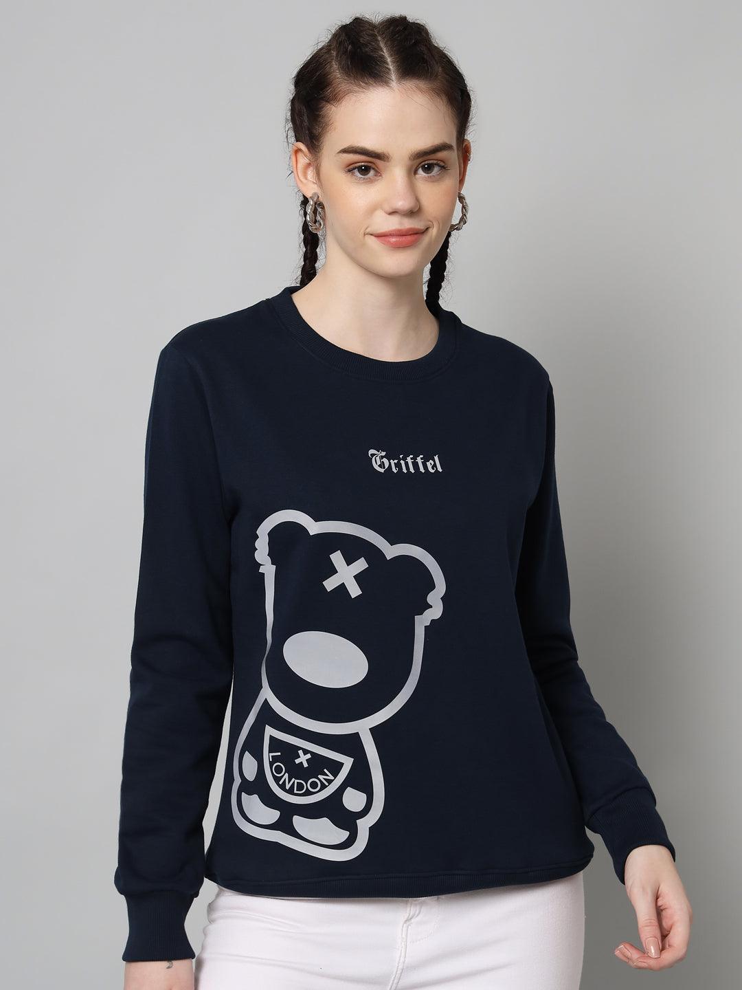 Griffel Women’s Teddy Print Round Neck Navy Grey Cotton Fleece Full Sleeve Sweatshirt - griffel