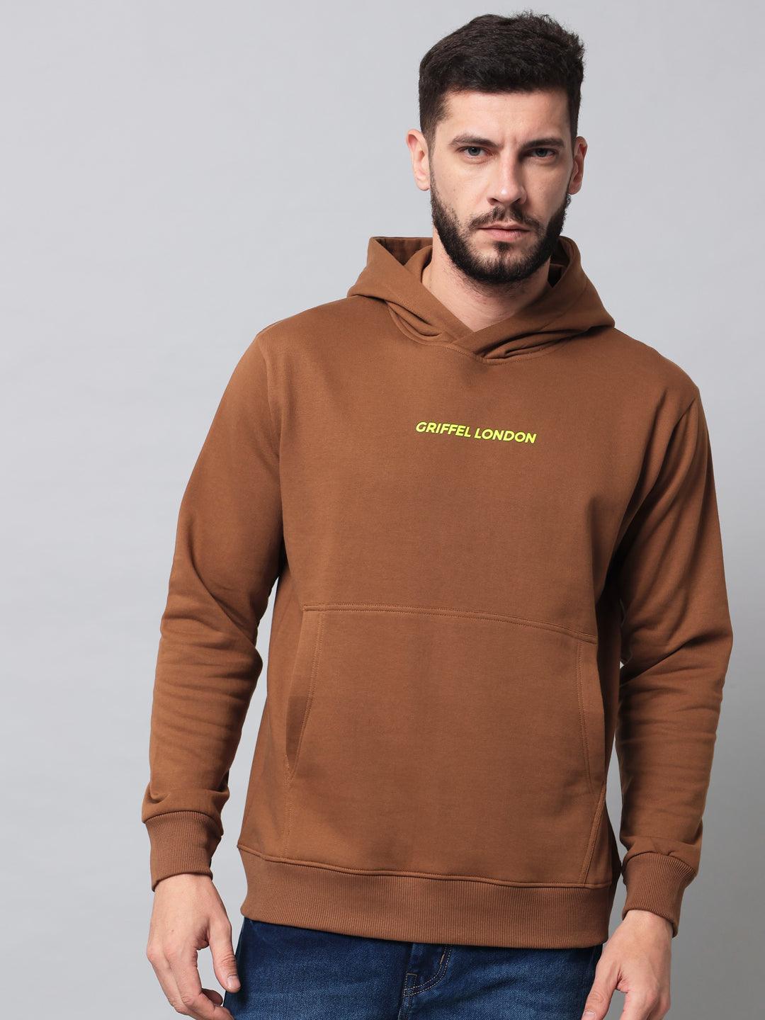 Griffel Men's Brown Cotton Front Logo Fleece Hoody Sweatshirt with Full Sleeve - griffel