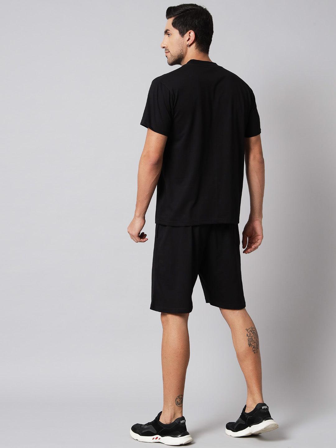 GRIFFEL Men Fire Print Black Regular fit T-shirt and Short Set - griffel