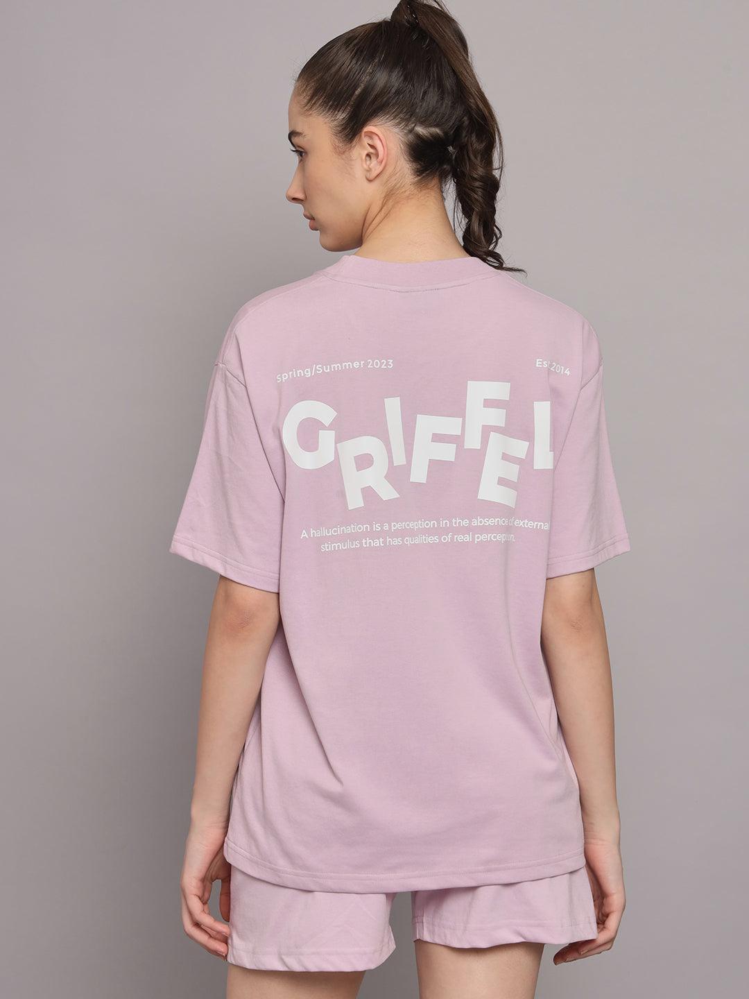 GRIFFEL Women Printed Loose fit Light Purple T-shirt - griffel