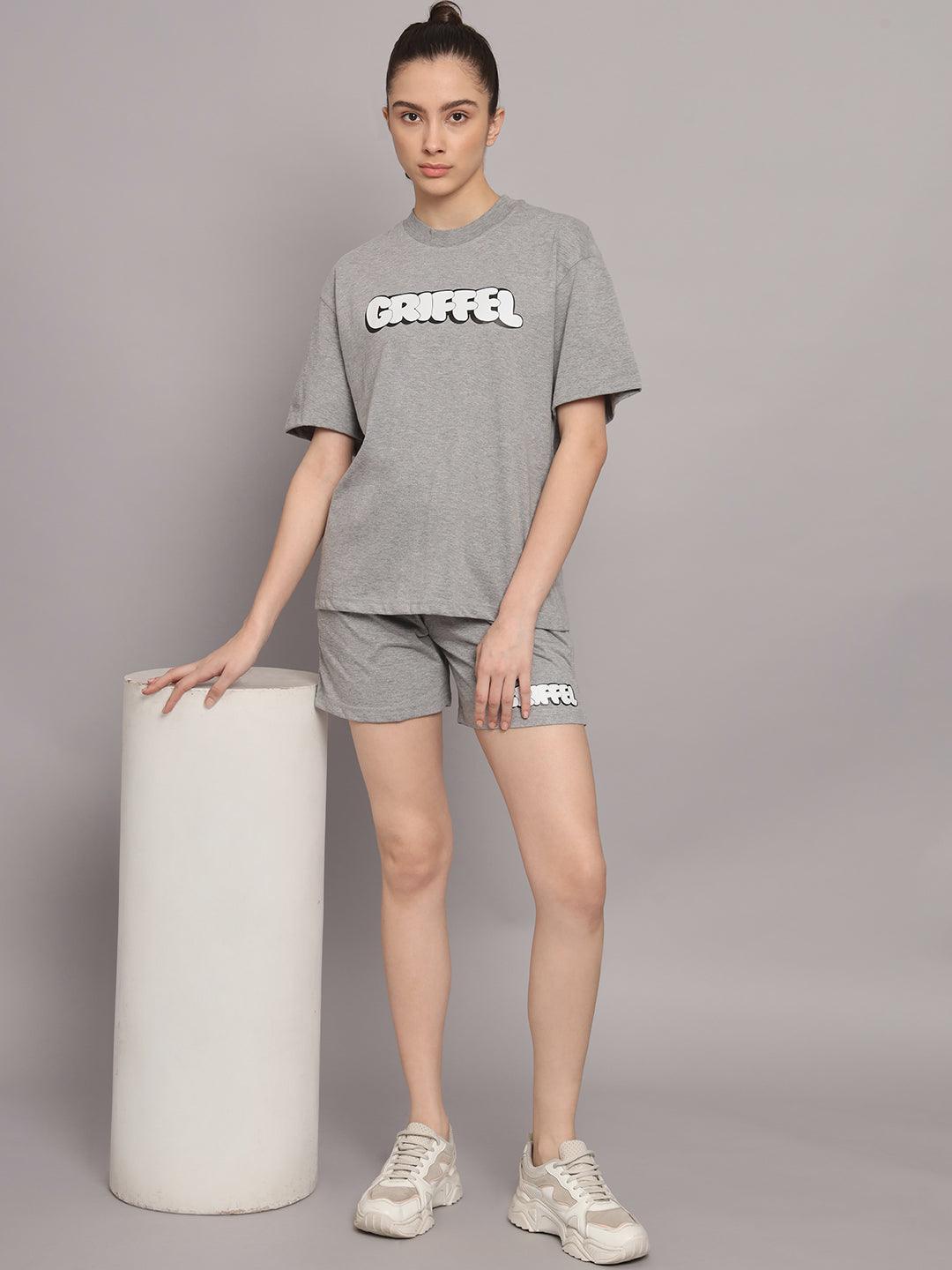 GRIFFEL Women Printed Oversized Loose fit Grey T-shirt and Short Set - griffel