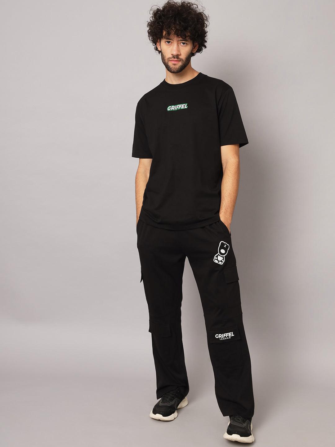 GRIFFEL Men Printed Black Loose fit T-shirt and Bell Bottom Trackpant Set - griffel