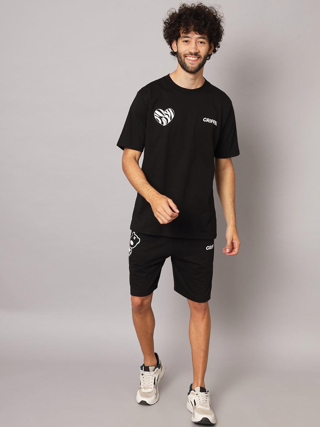 GRIFFEL Men Printed Black Loose fit T-shirt and Short Set - griffel