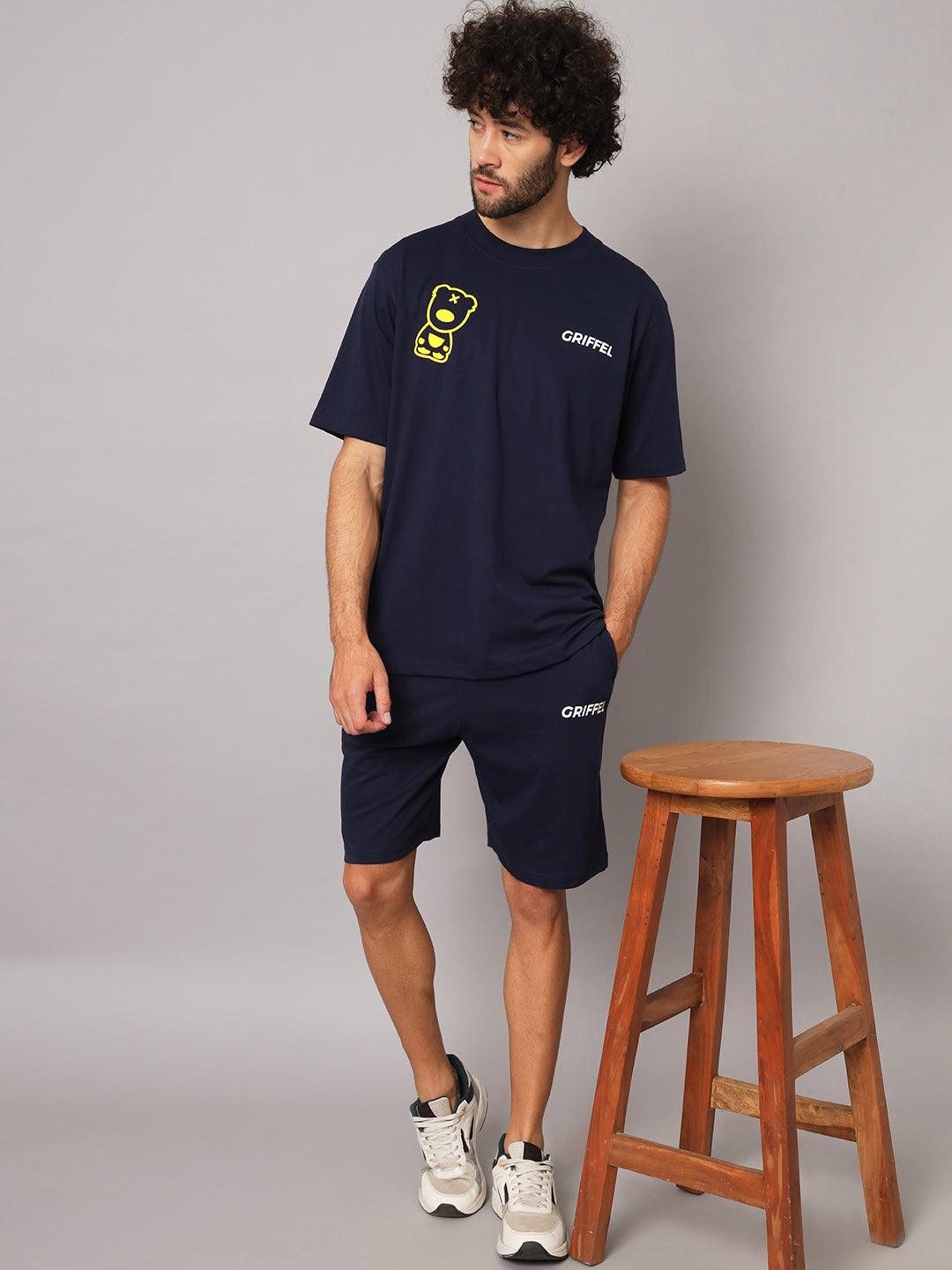 GRIFFEL Men Printed Navy Loose fit T-shirt and Short Set - griffel