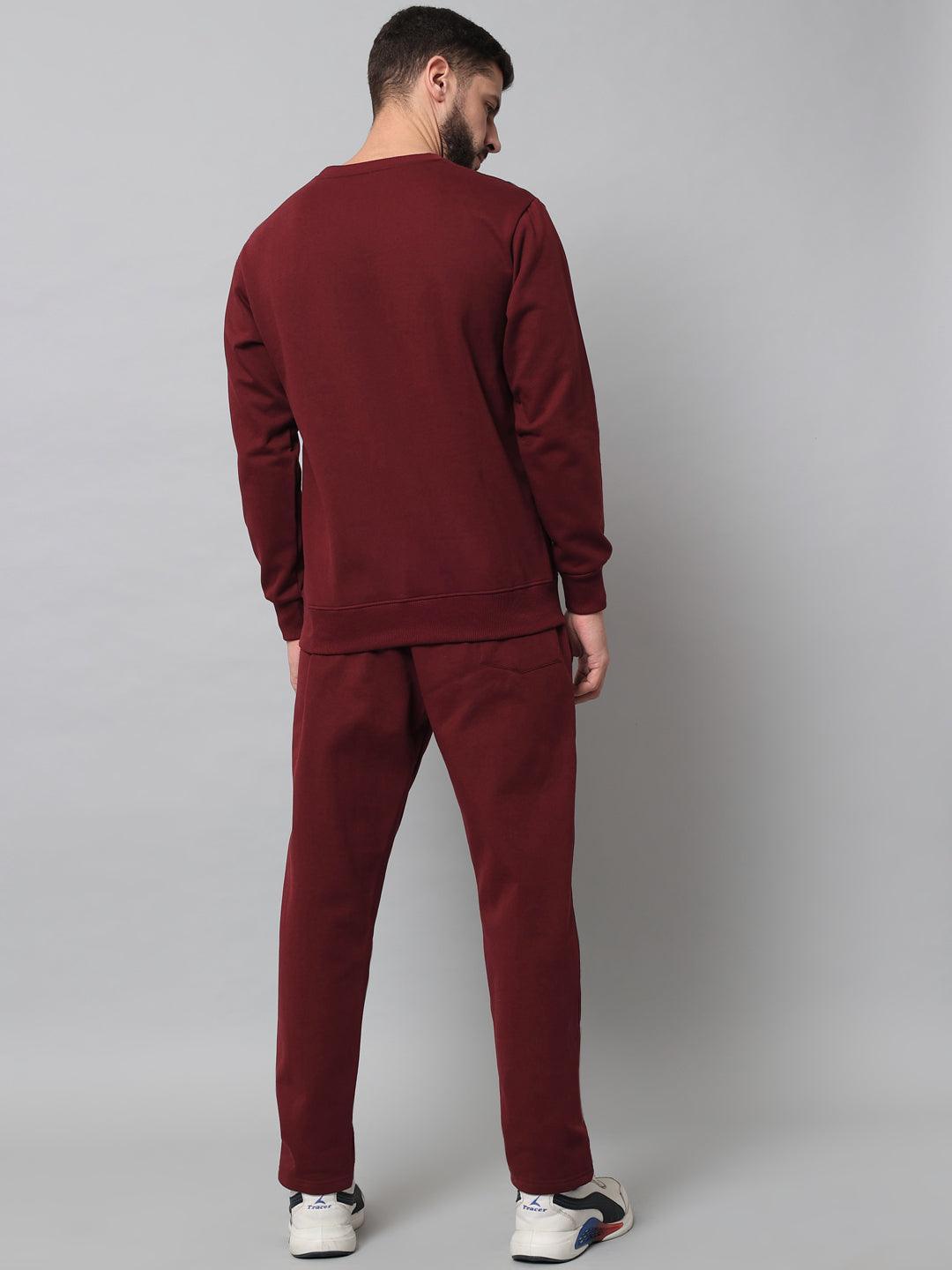Griffel Men's Front Logo Solid Fleece Basic R-Neck Sweatshirt and Joggers Full set Maroon Tracksuit - griffel