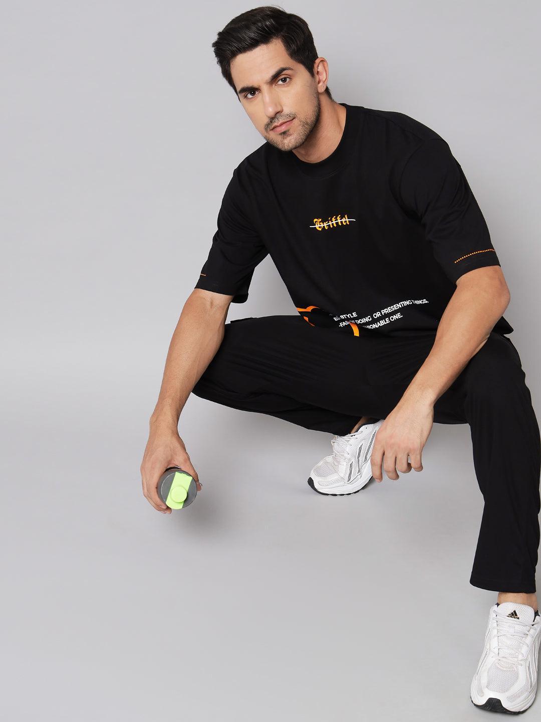 GRIFFEL Men Printed Black Loose fit T-shirt and Trackpant Set - griffel