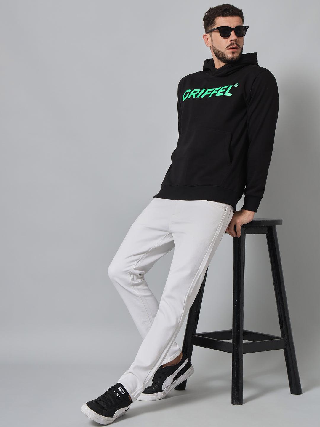 Griffel Men's Black Cotton Front Logo Fleece Hoody Sweatshirt with Full Sleeve - griffel