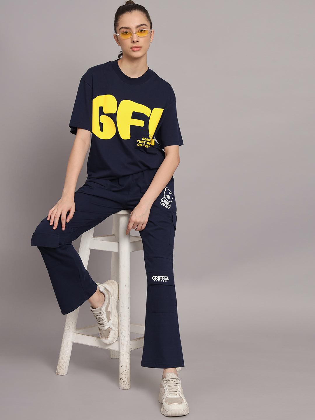 GRIFFEL Women Printed Loose fit Navy T-shirt and Bell Bottom Trackpant Set - griffel