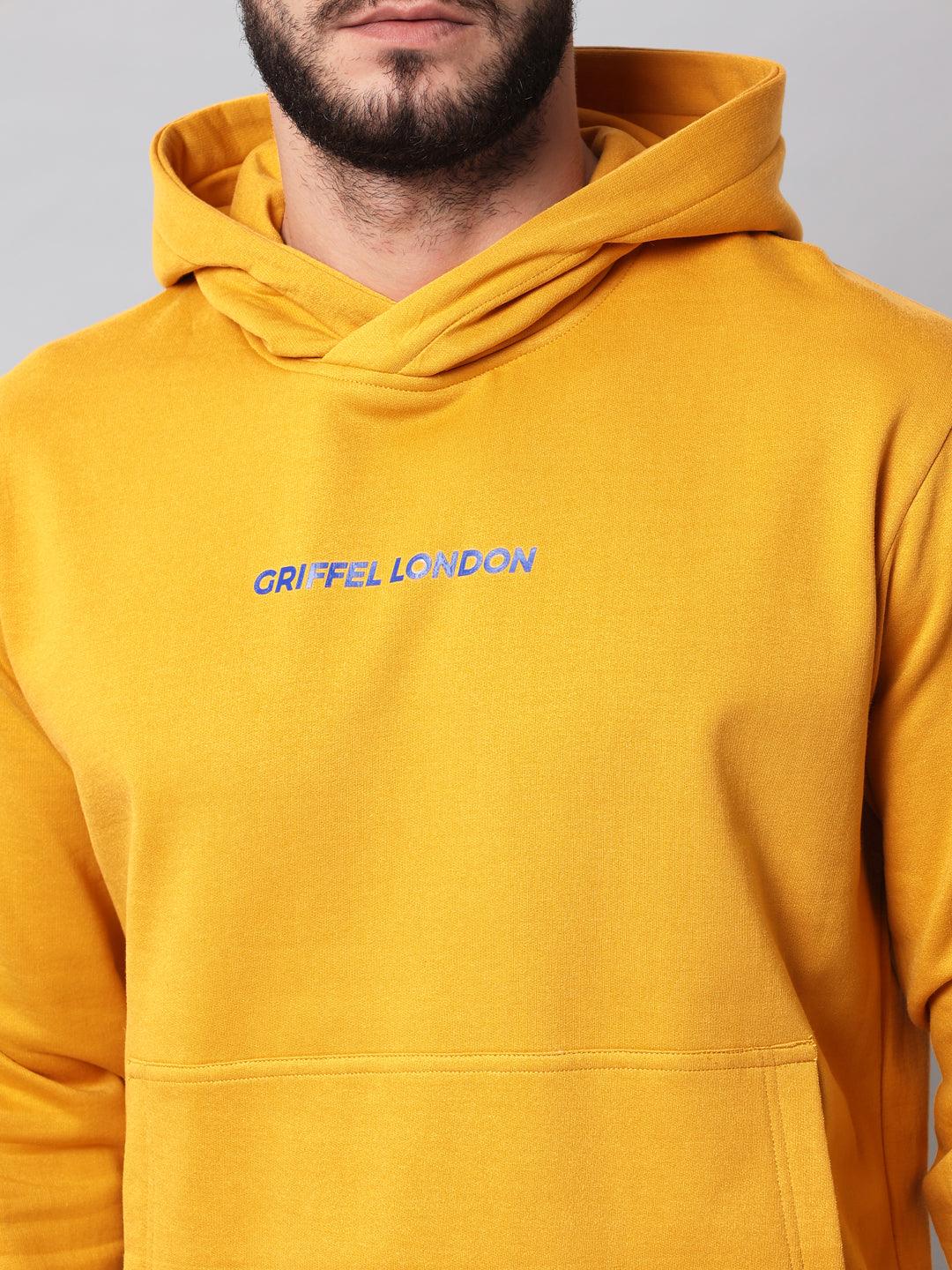 Griffel Men's Mustard Cotton Front Logo Fleece Hoody Sweatshirt with Full Sleeve - griffel