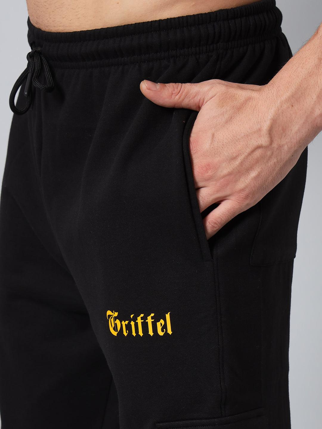 GRIFFEL Men Fleece 6 Pocket Front Logo Black Mustard Trackpants - griffel