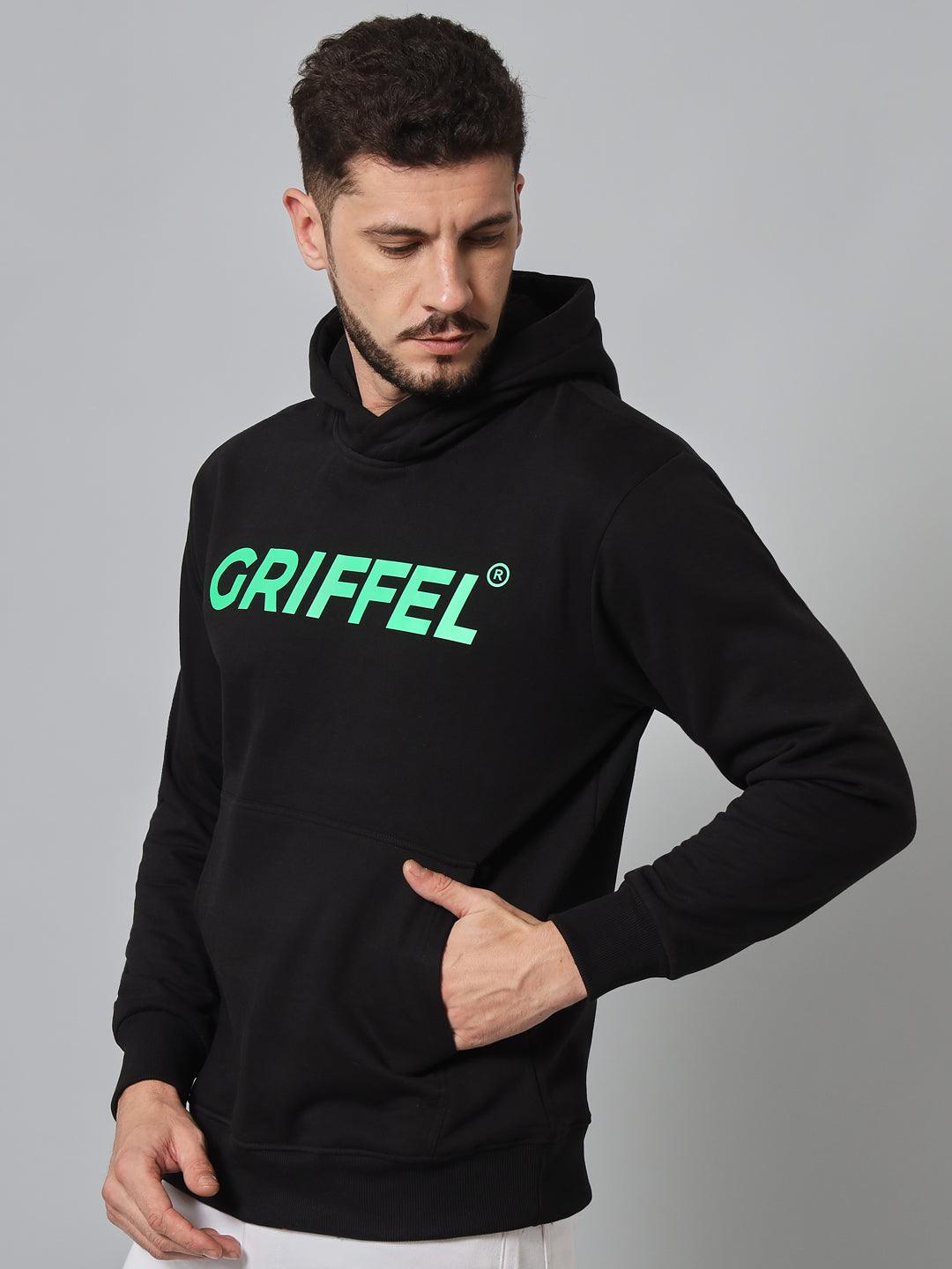 Griffel Men's Black Cotton Front Logo Fleece Hoody Sweatshirt with Full Sleeve - griffel