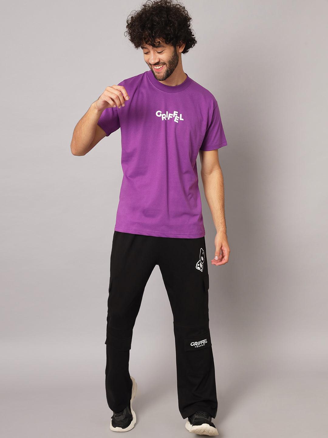 GRIFFEL Men Printed Dark Purple Loose fit T-shirt and Bell Bottom Trackpant Set - griffel