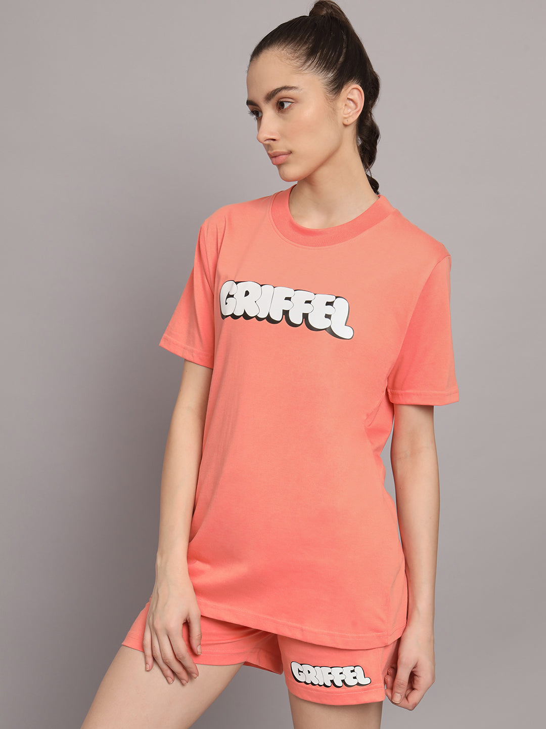 GRIFFEL Women Printed Oversized Loose fit Peach T-shirt and Short Set - griffel