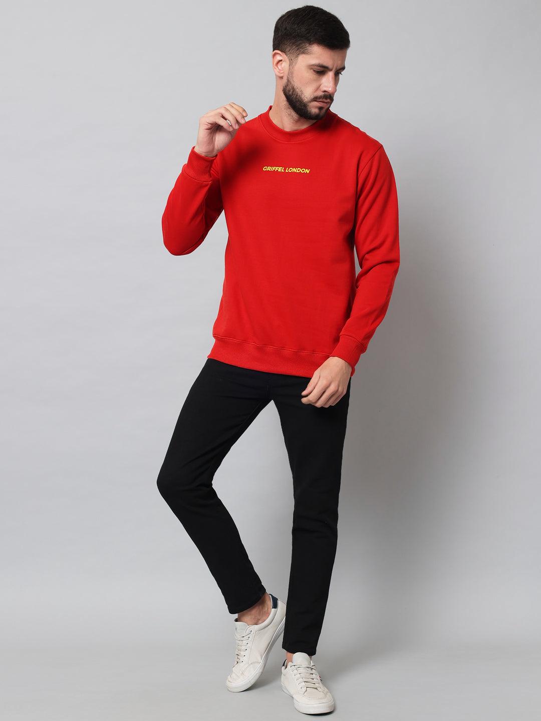 Griffel Men's Cotton Fleece Round Neck Red Sweatshirt with Full Sleeve and Front Logo Print - griffel