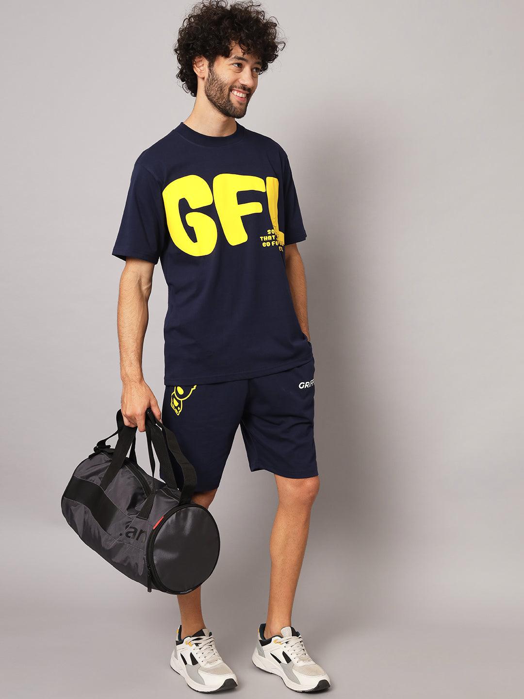 GRIFFEL Men Printed Black Loose fit T-shirt and Short Set