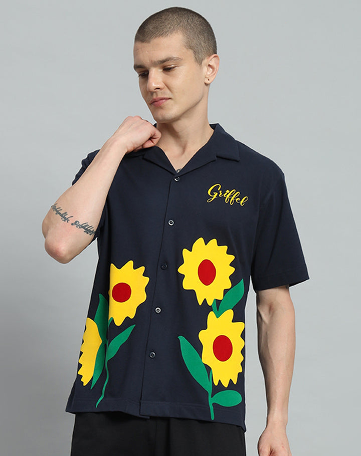 GRIFFEL Sun Flower Printed Regular Fit Bowling Shirt