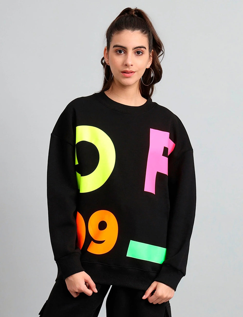 Griffel Women's Black GFL09 Print Oversized Round Neck 100% Cotton Fleece Sweatshirt - griffel