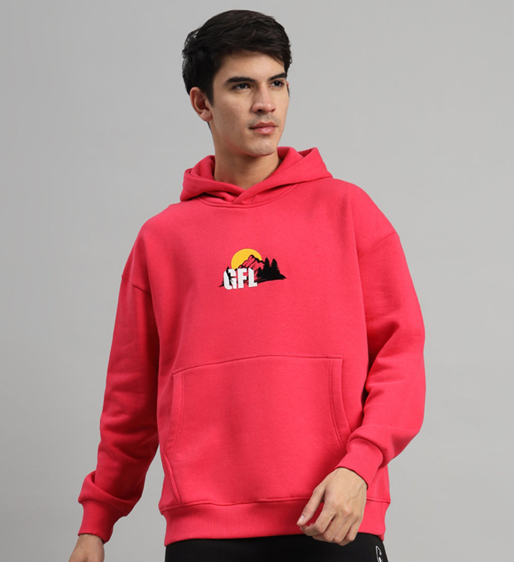 Griffel Men's Neon Pink Front Logo Oversized Back Print Fleece Hoodie Sweatshirt - griffel