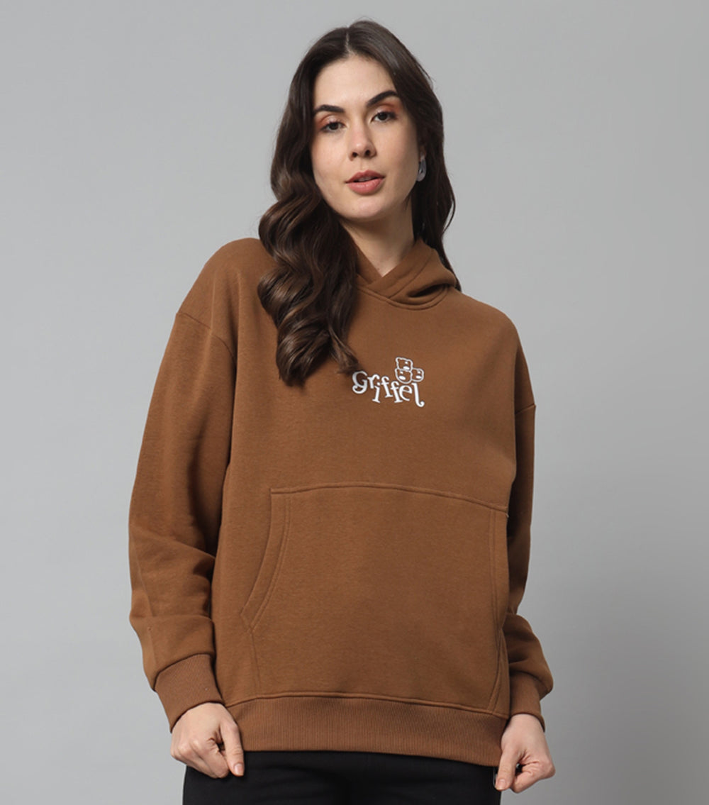 Griffel Women Oversized Fit Brown WE CAN ONLY LEARN TO LOVE BY LOVING Print Cotton Fleece Front Logo Fleece Hoodie Sweatshirt with Full Sleeve - griffel