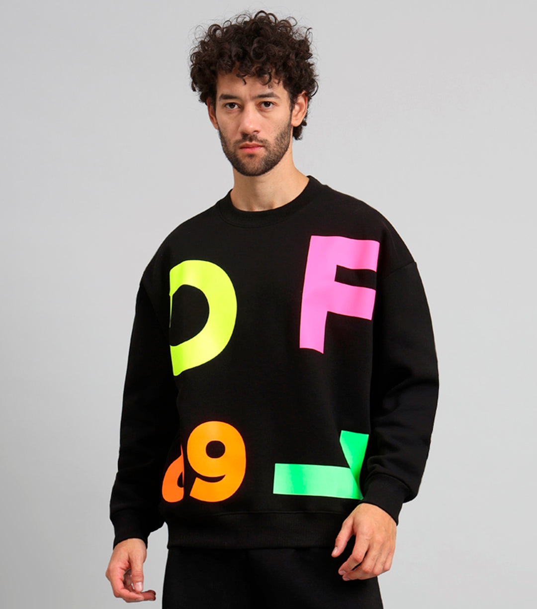 Griffel Men's Black GFL09 Print Oversized Round Neck 100% Cotton Fleece Sweatshirt