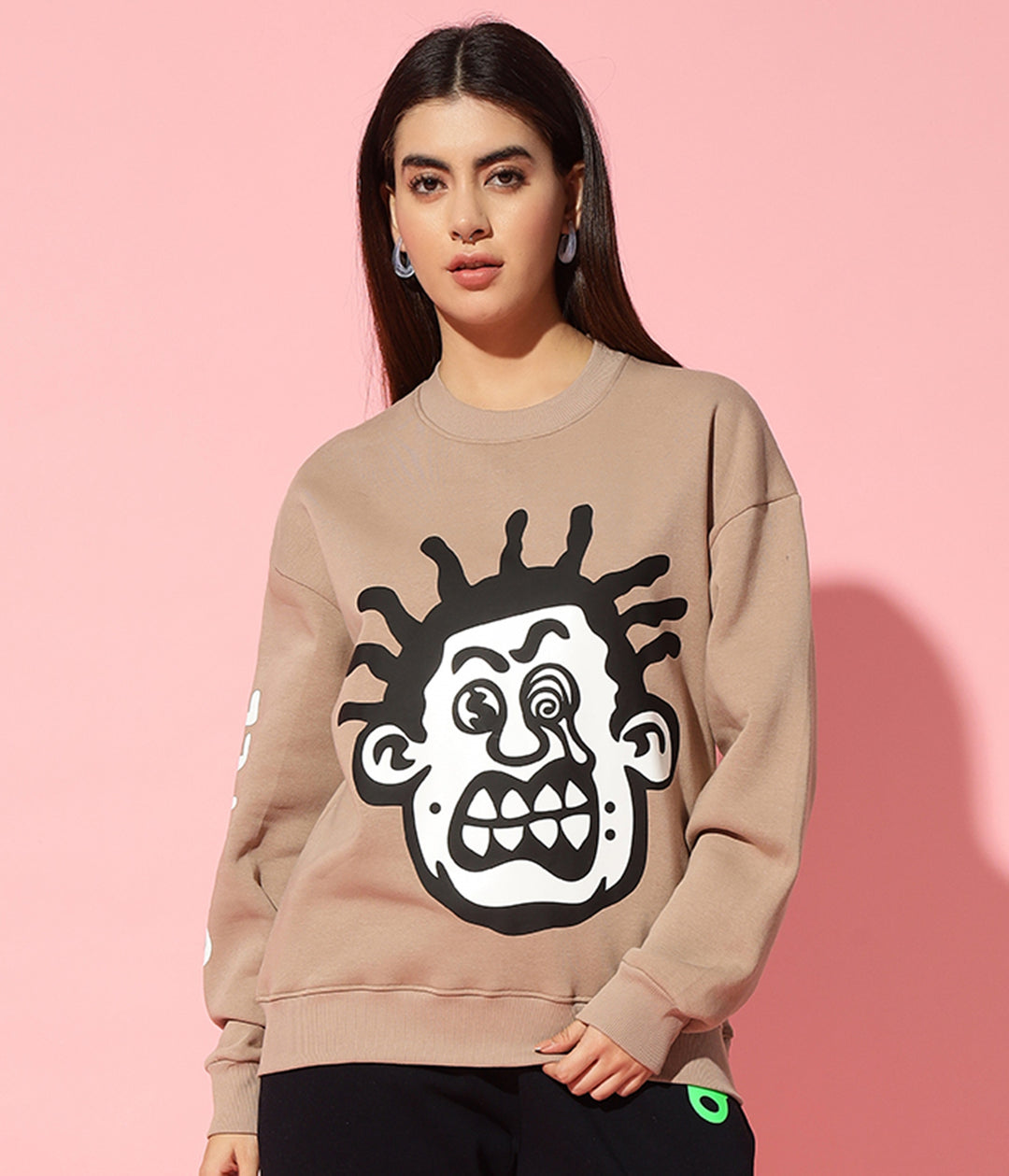 Wierd face beige Round Neck Oversized Sweatshirt