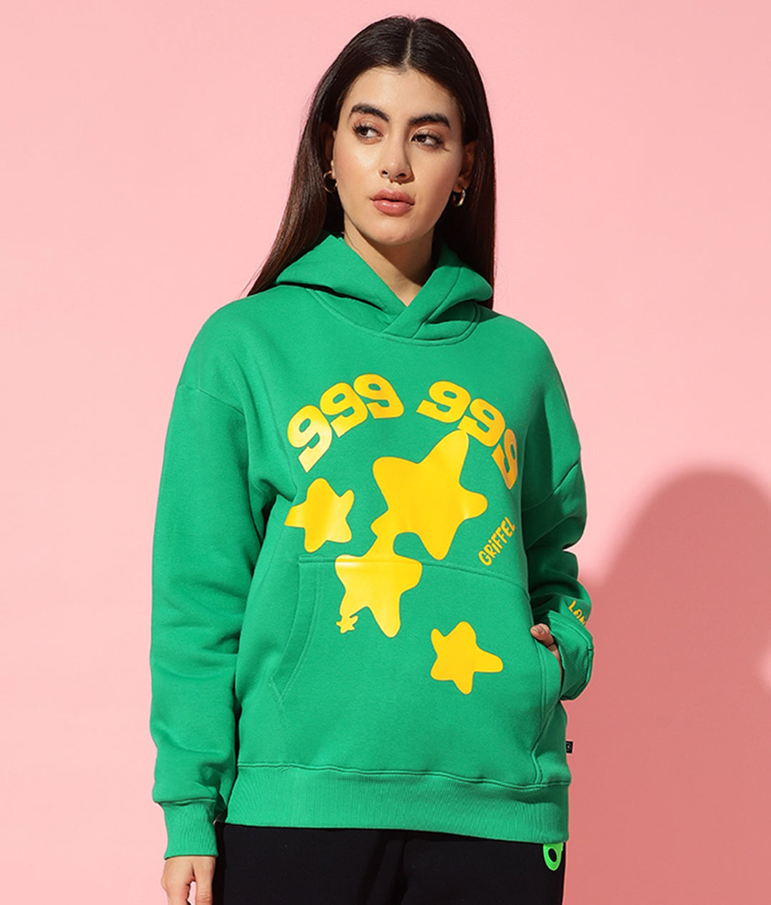 999 star front Green Hoodie Neck Oversized Sweatshirt