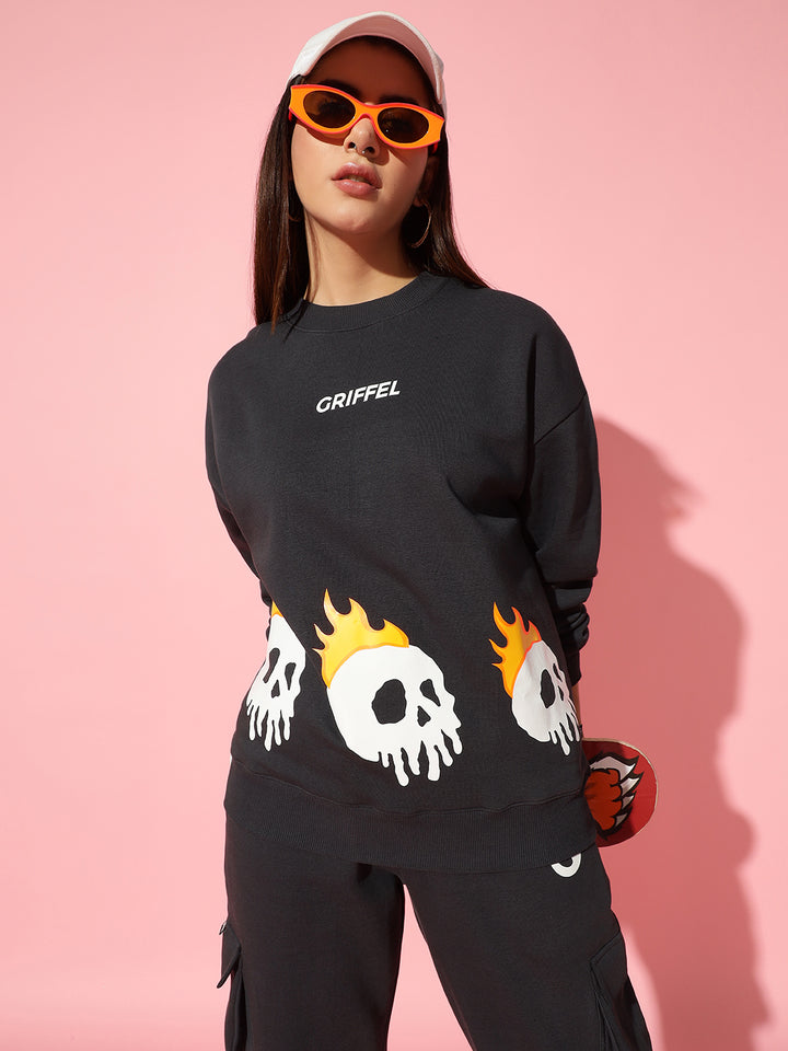 fire skeleton dark grey Round Neck Oversized Sweatshirt