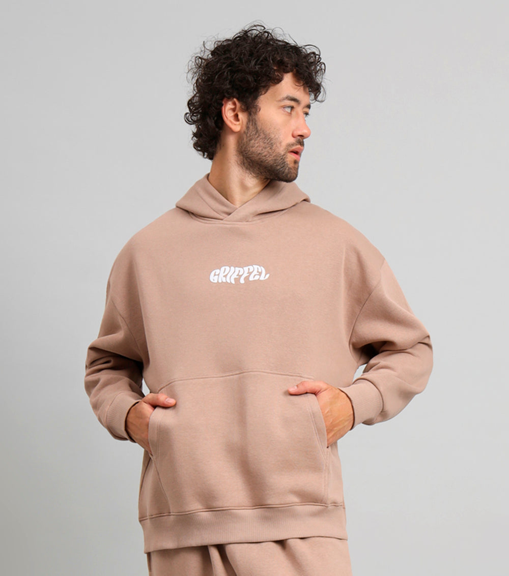 Griffel Men's Camel Absent Minded Print Front Logo Oversized Fleece Hoodie Sweatshirt - griffel
