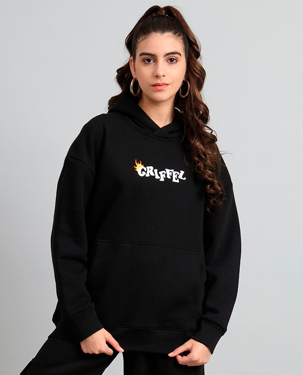 Griffel Women's Never Look Back Print Front Logo Oversized Fleece Hoody Sweatshirt - griffel