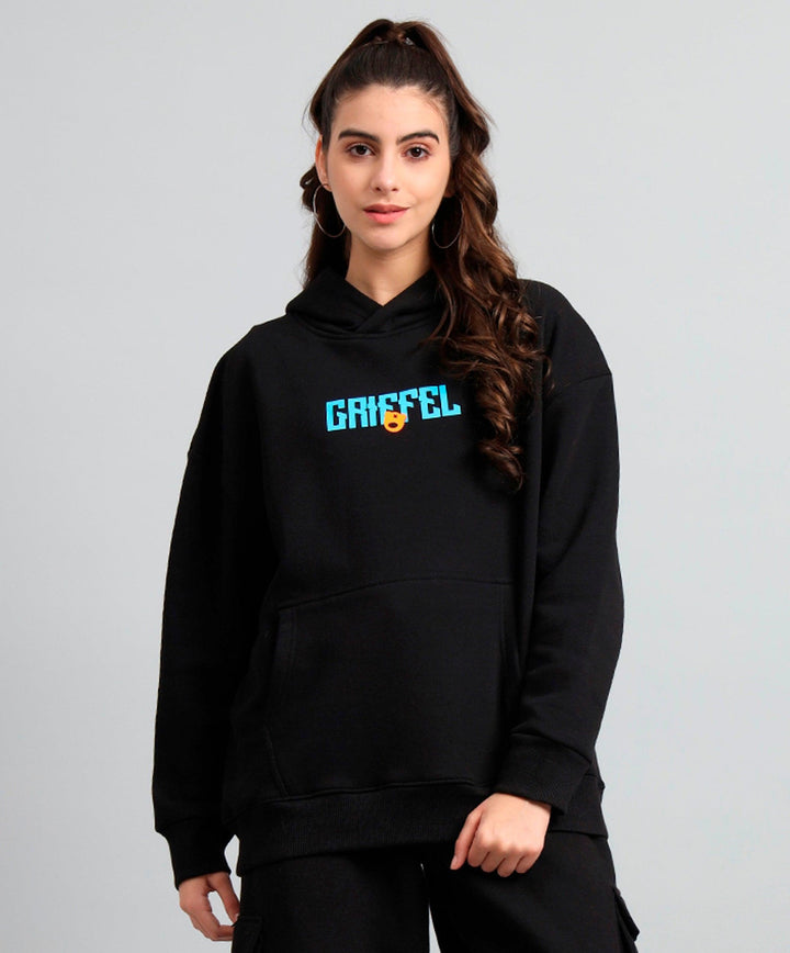 Griffel Women's Black New Era Print Front Logo Oversized Fleece Hoodie Sweatshirt - griffel