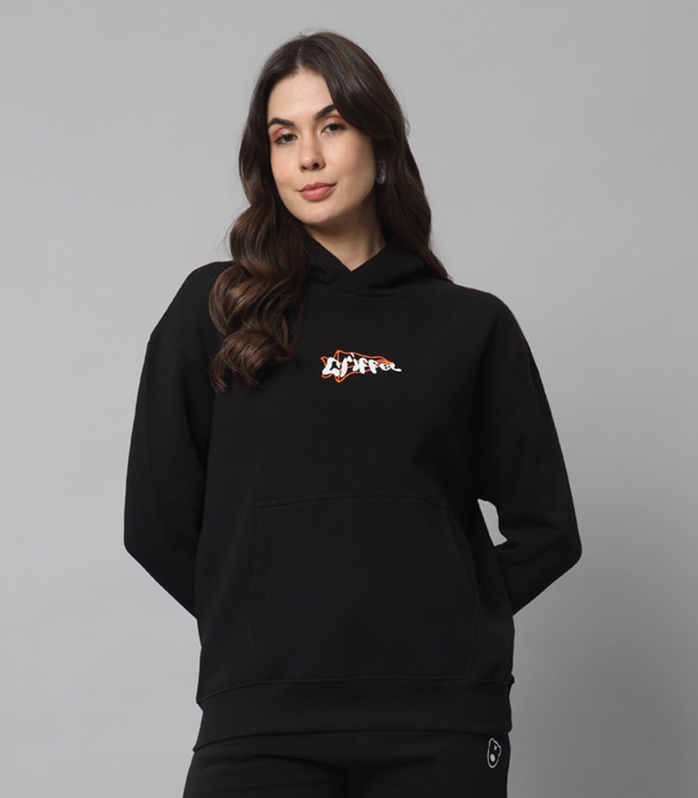 Griffel Women Oversized Fit Black ONE HUNDRER % LOYAL Cotton Front Logo Fleece Hoodie Sweatshirt with Full Sleeve - griffel