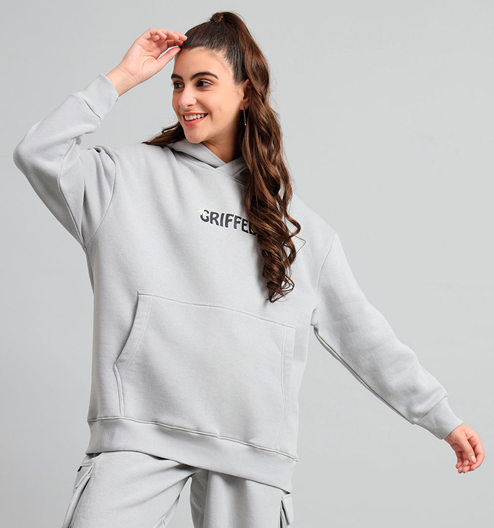Griffel Women's Steel Grey Chill Vibe Print Front Logo Oversized Fleece Hoodie Sweatshirt - griffel