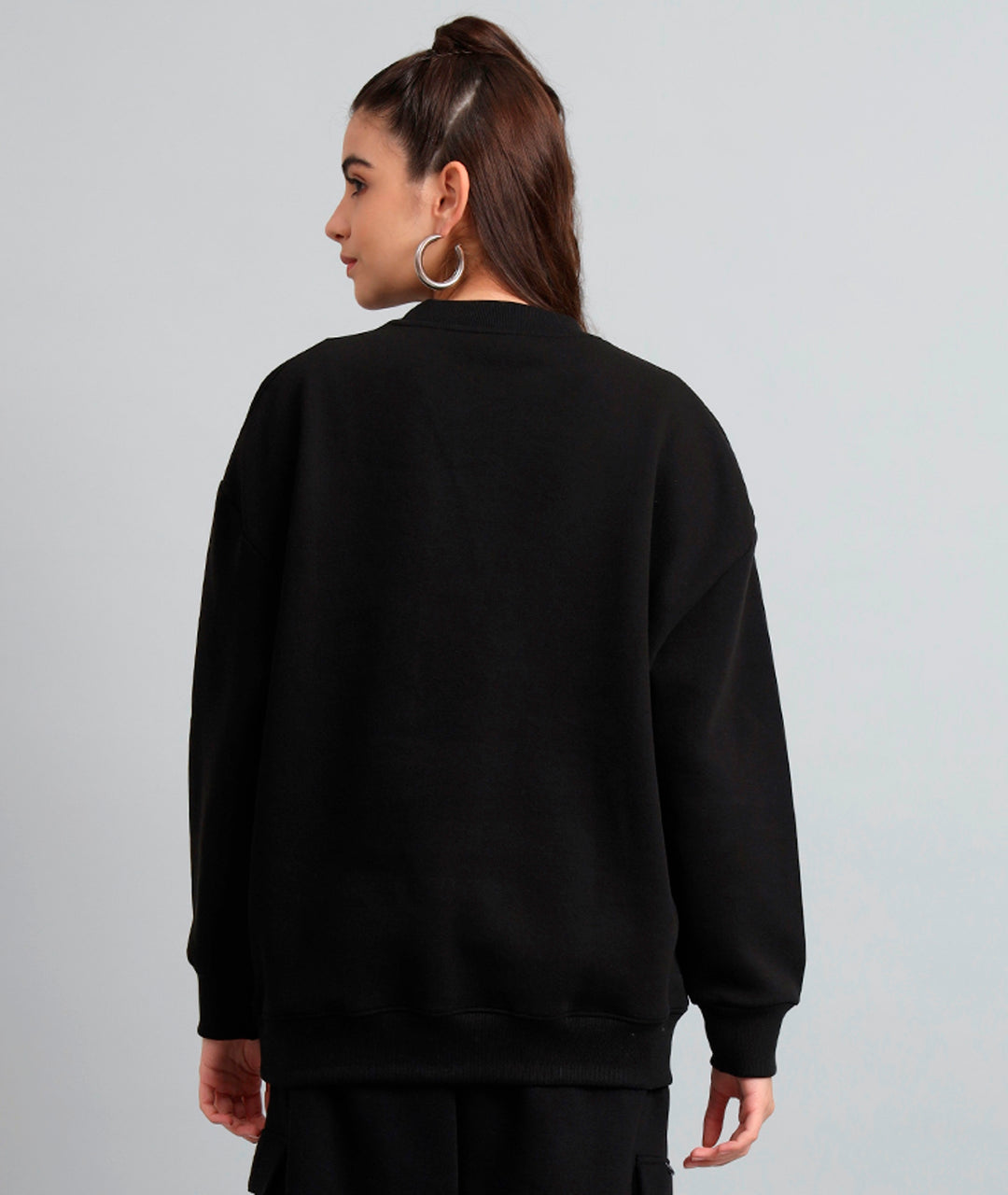 Griffel Women's Black Fron Logo Oversized Round Neck 100% Cotton Fleece Sweatshirt - griffel