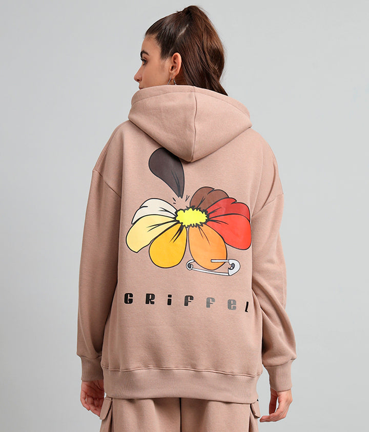Griffel Women's Camel Flower Print Front Logo Oversized Fleece Hoodie Sweatshirt - griffel