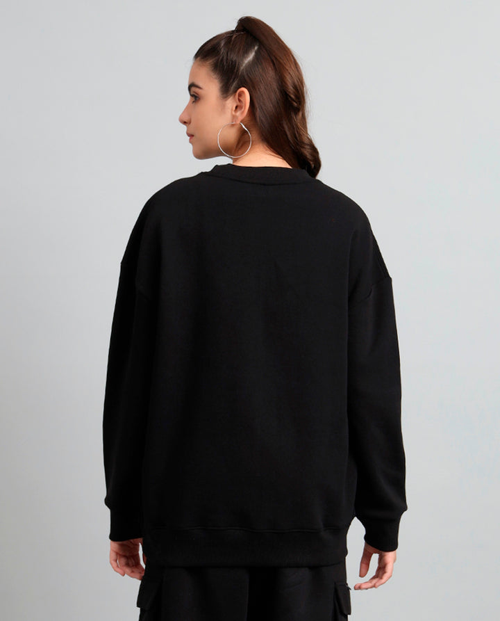 Griffel Women's Black GFL09 Print Oversized Round Neck 100% Cotton Fleece Sweatshirt
