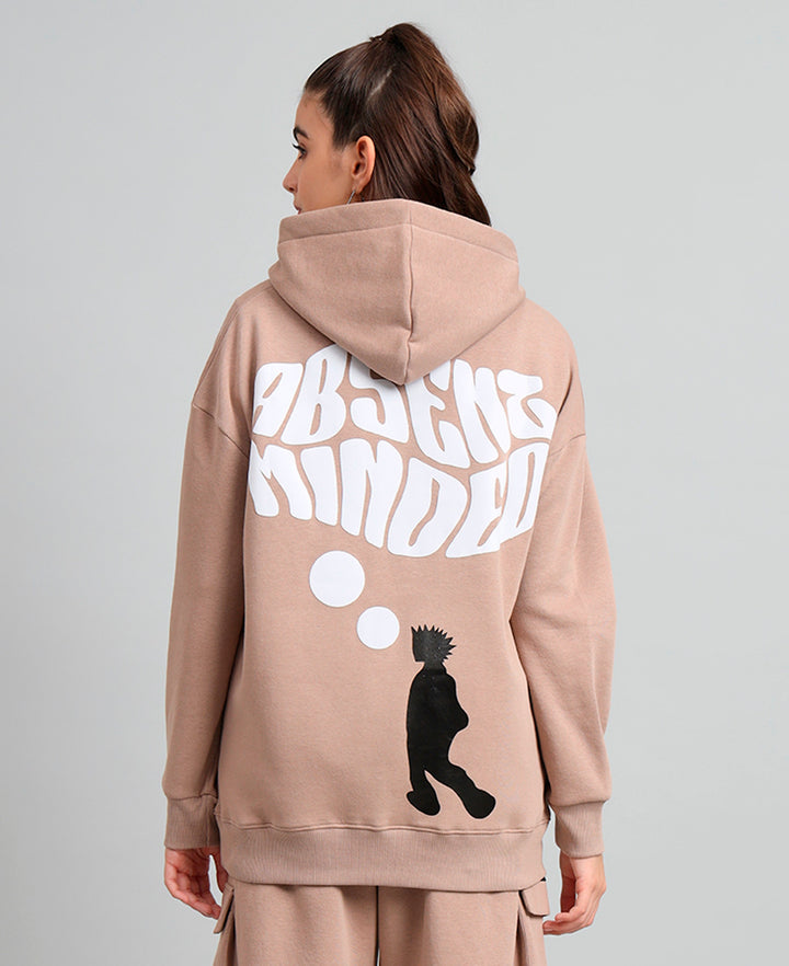 Griffel Women's Camel Absent Minded Print Front Logo Oversized Fleece Hoodie Sweatshirt - griffel
