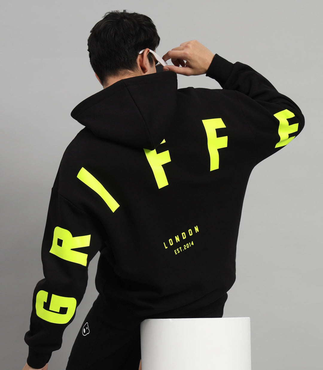 Griffel Men's Black Front Logo Back Full GRIFFEL Print Oversized Fleece Hoodie Sweatshirt - griffel