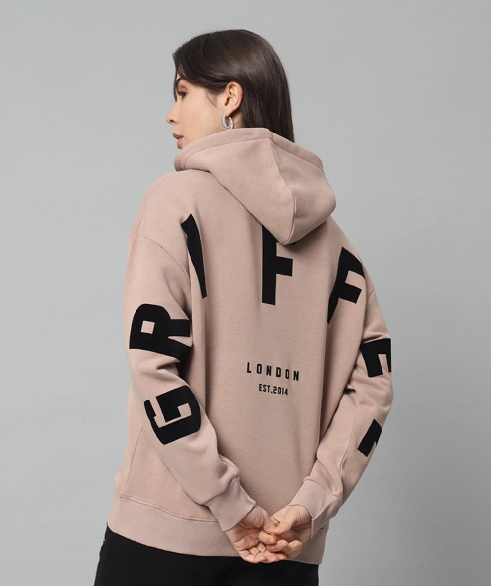 Griffel Women Oversized Fit Camel GRIFFEL Back Print Cotton Fleece Front Logo Fleece Hoodie Sweatshirt with Full Sleeve - griffel