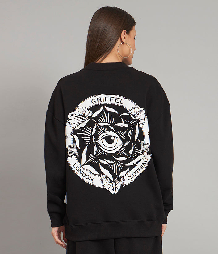 Griffel Women's Black EYE Oversized Round Neck 100% Cotton Fleece Sweatshirt - griffel