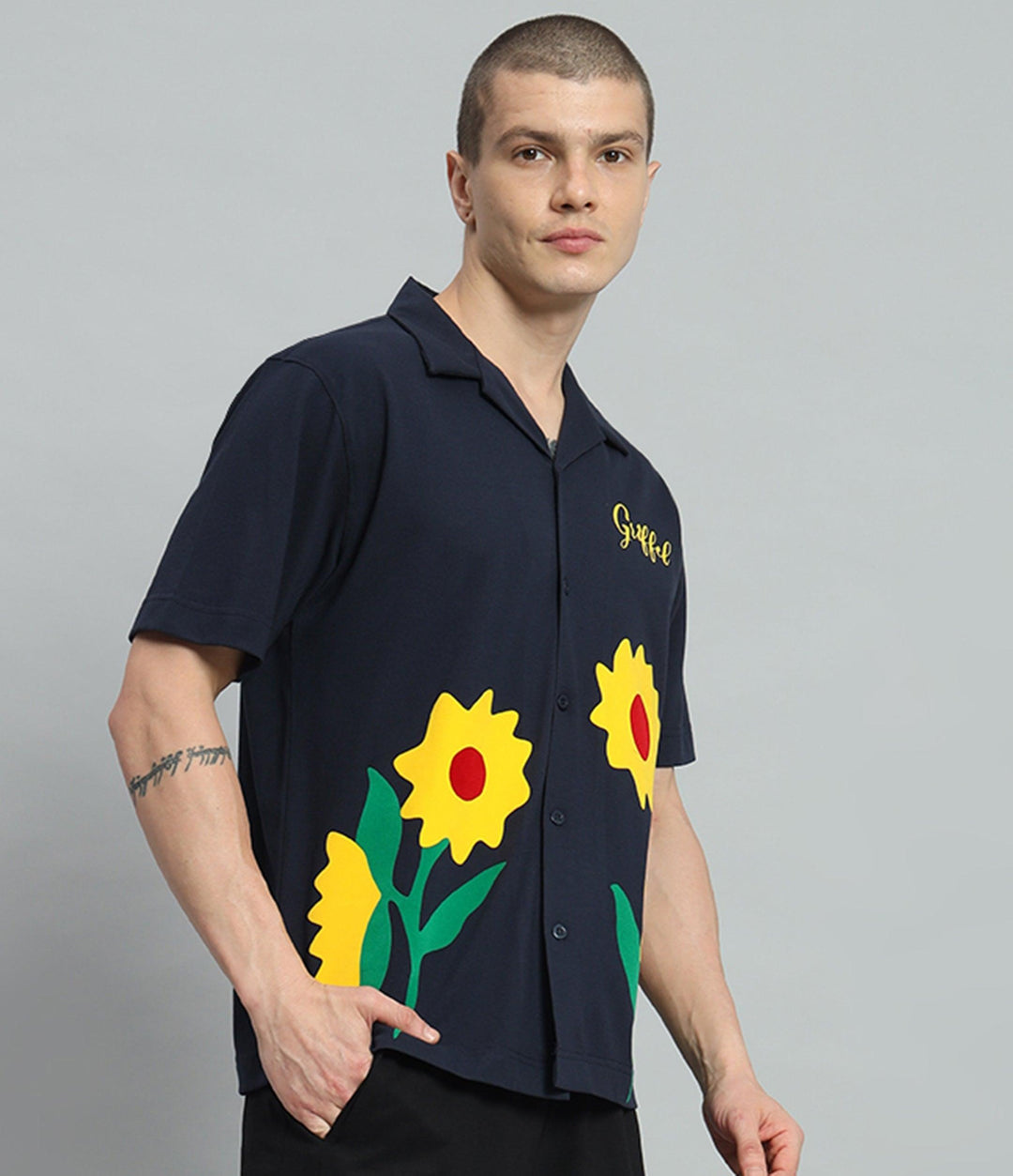 GRIFFEL Sun Flower Printed Regular Fit Bowling Shirt