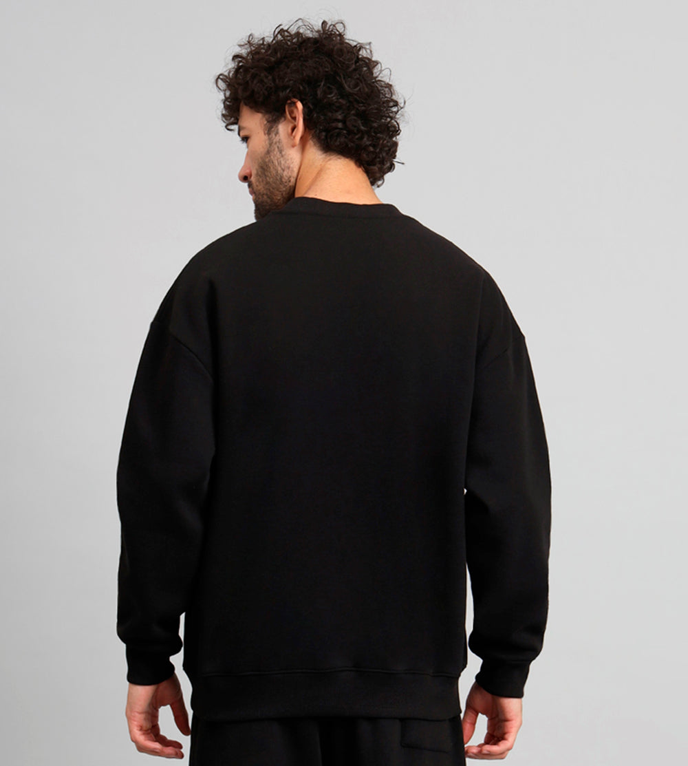 Griffel Men's Black GFL09 Print Oversized Round Neck 100% Cotton Fleece Sweatshirt - griffel