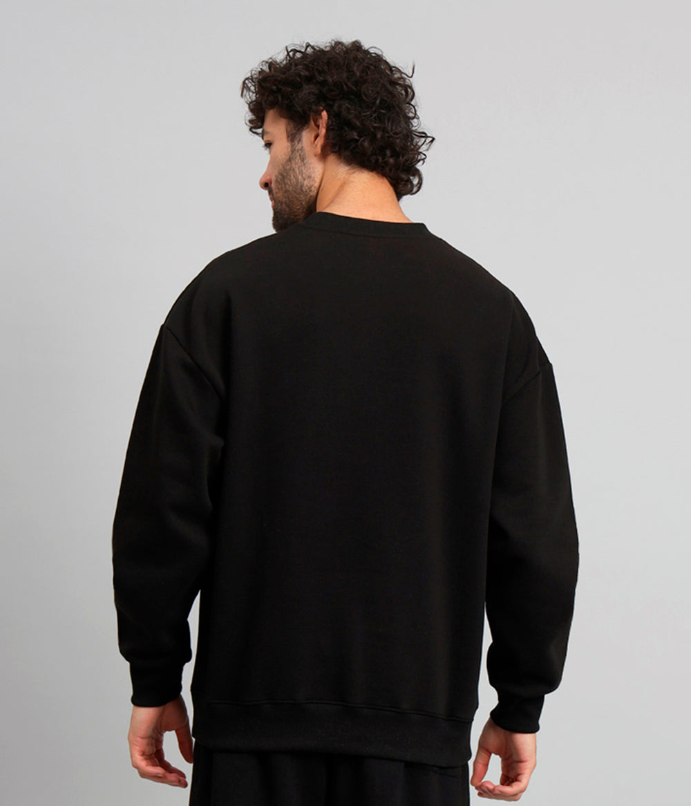 Griffel Men's Black Fron Logo Oversized Round Neck 100% Cotton Fleece Sweatshirt - griffel