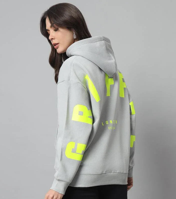 Griffel Women Oversized Fit Steel Grey GRIFFEL Back Print Cotton Fleece Front Logo Fleece Hoodie Sweatshirt with Full Sleeve - griffel