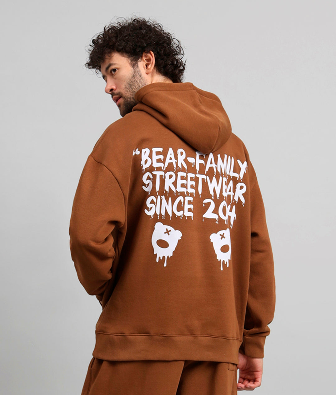 Griffel Men's Brown Bear Family Print Front Logo Oversized Fleece Hoodie Sweatshirt